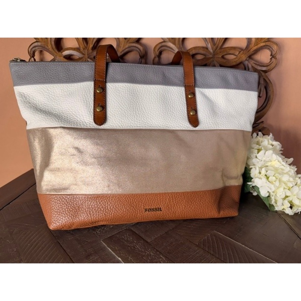 Fossil Colorblock Leather Tote Bag Metallic Gold Gray Brown Large